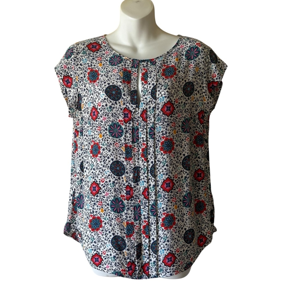 Boden white blue and red cap sleeve blouse size 12